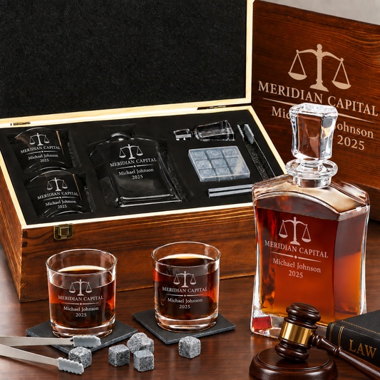 Legal Company Gifts – Slick Decanter Set with 2 Glasses, 9 Whiskey Stones & Wooden Box – image 01