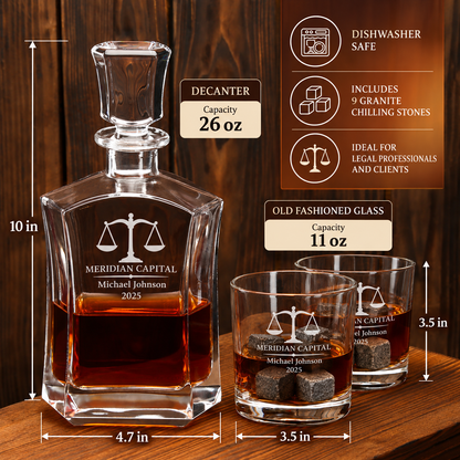 Legal Company Gifts – Slick Decanter Set with 2 Glasses, 9 Whiskey Stones & Wooden Box – image 02
