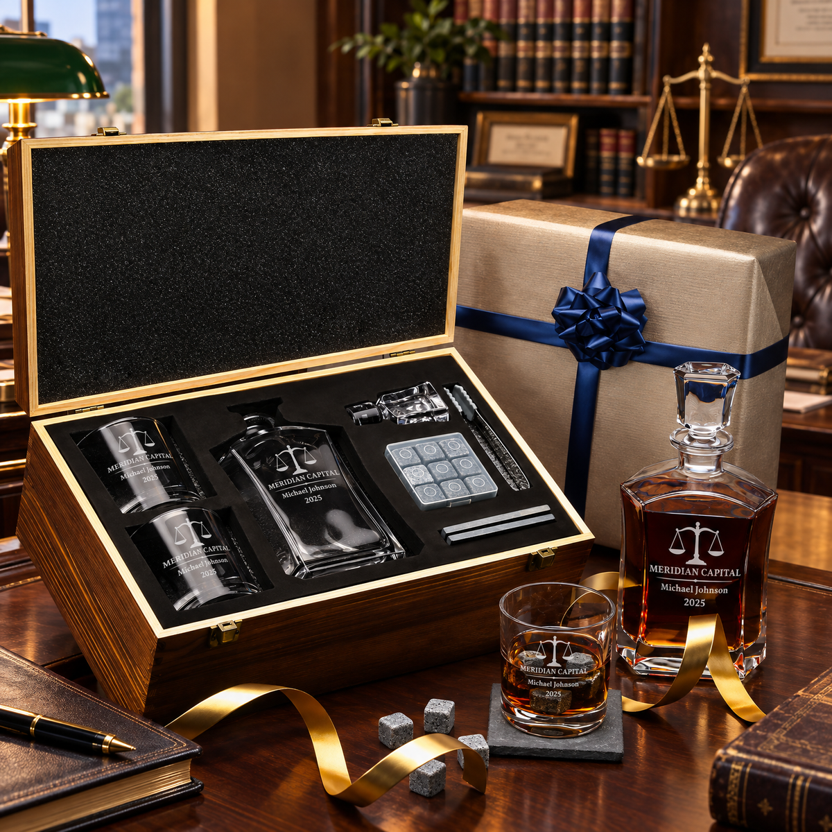 Legal Company Gifts – Slick Decanter Set with 2 Glasses, 9 Whiskey Stones & Wooden Box product image