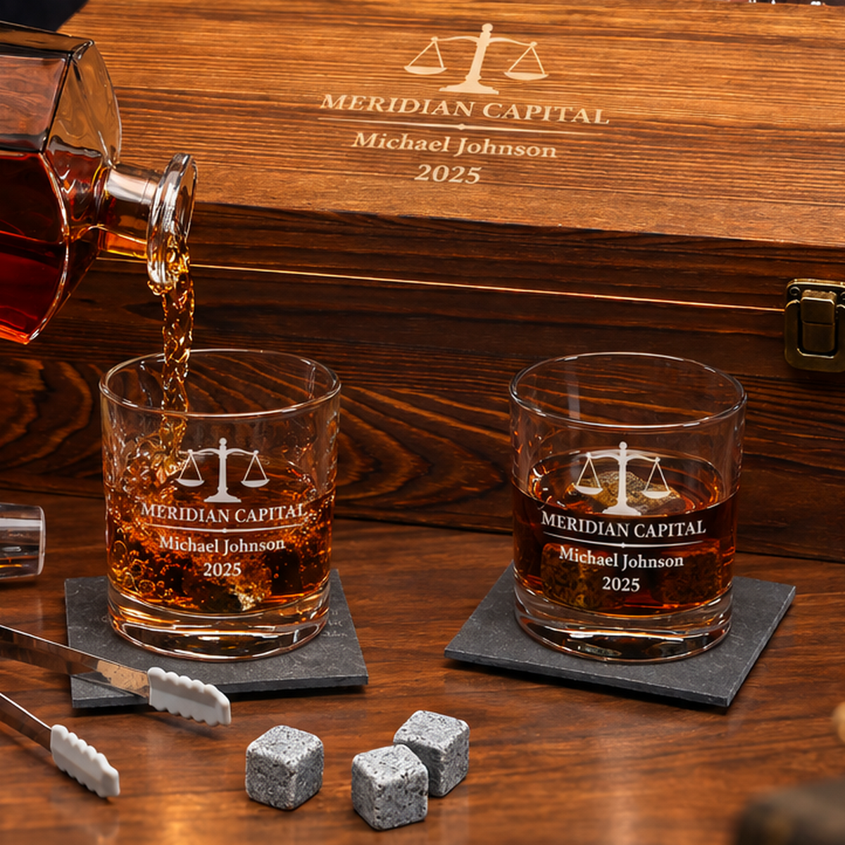 Legal Company Gifts – Slick Decanter Set with 2 Glasses, 9 Whiskey Stones & Wooden Box product image
