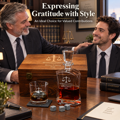 Legal Company Gifts – Slick Decanter Set with 2 Glasses, 9 Whiskey Stones & Wooden Box – image 07
