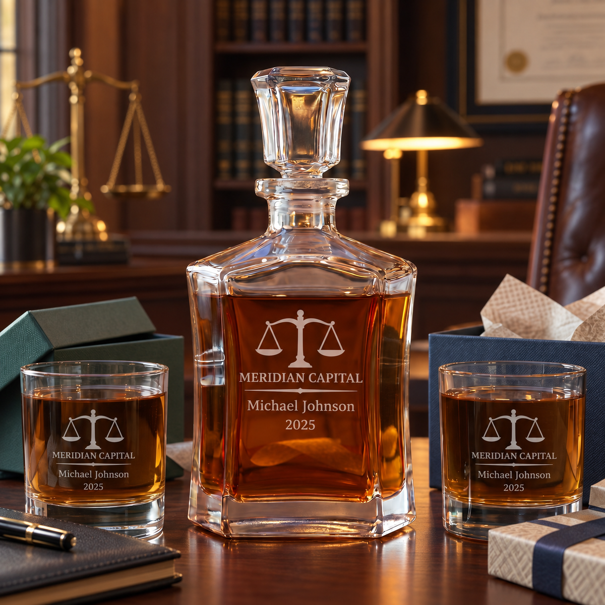 Legal Company Gifts – Slick Decanter Set with 2 Glasses, 9 Whiskey Stones & Wooden Box product image