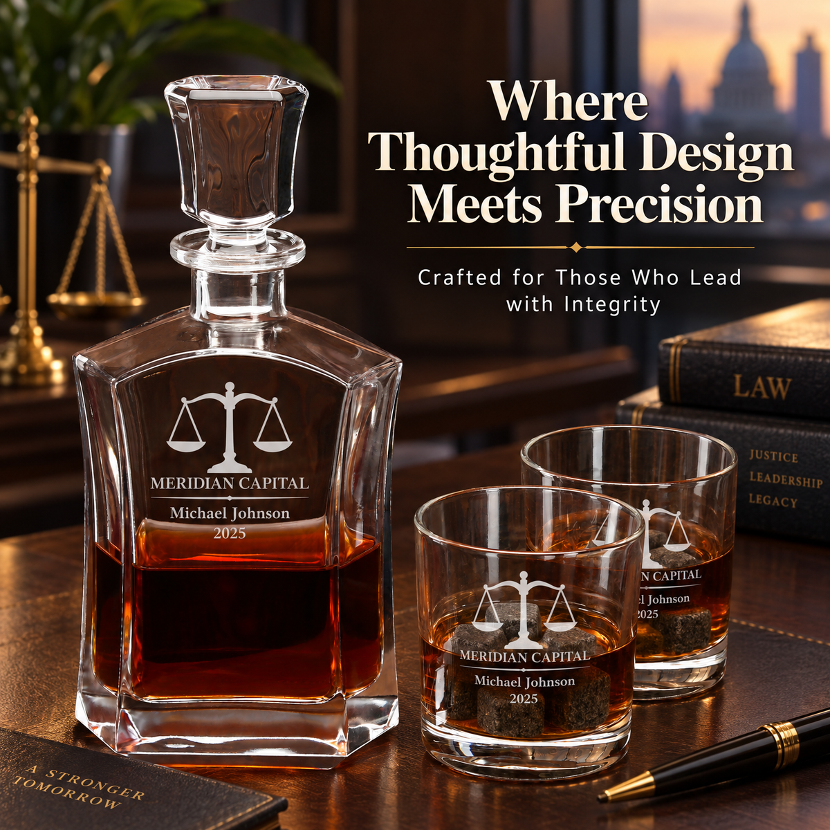 Legal Company Gifts – Slick Decanter Set with 2 Glasses, 9 Whiskey Stones & Wooden Box – image 12
