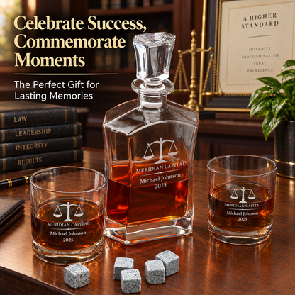Legal Company Gifts – Slick Decanter Set with 2 Glasses, 9 Whiskey Stones & Wooden Box – image 16
