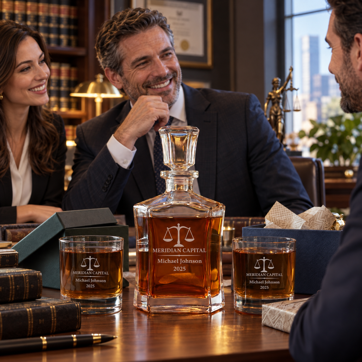 Legal Company Gifts – Slick Decanter Set with 2 Glasses, 9 Whiskey Stones & Wooden Box – image 17