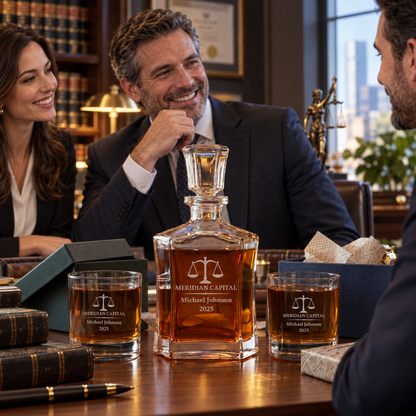 Legal Company Gifts – Slick Decanter Set with 2 Glasses, 9 Whiskey Stones & Wooden Box – image 17