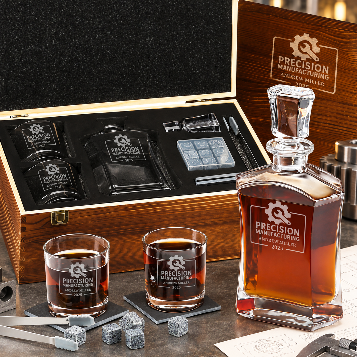 Manufacturing Company Gifts – Slick Decanter Set with 2 Glasses, 9 Whiskey Stones & Wooden Box – image 01