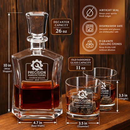 Manufacturing Company Gifts – Slick Decanter Set with 2 Glasses, 9 Whiskey Stones & Wooden Box – image 02