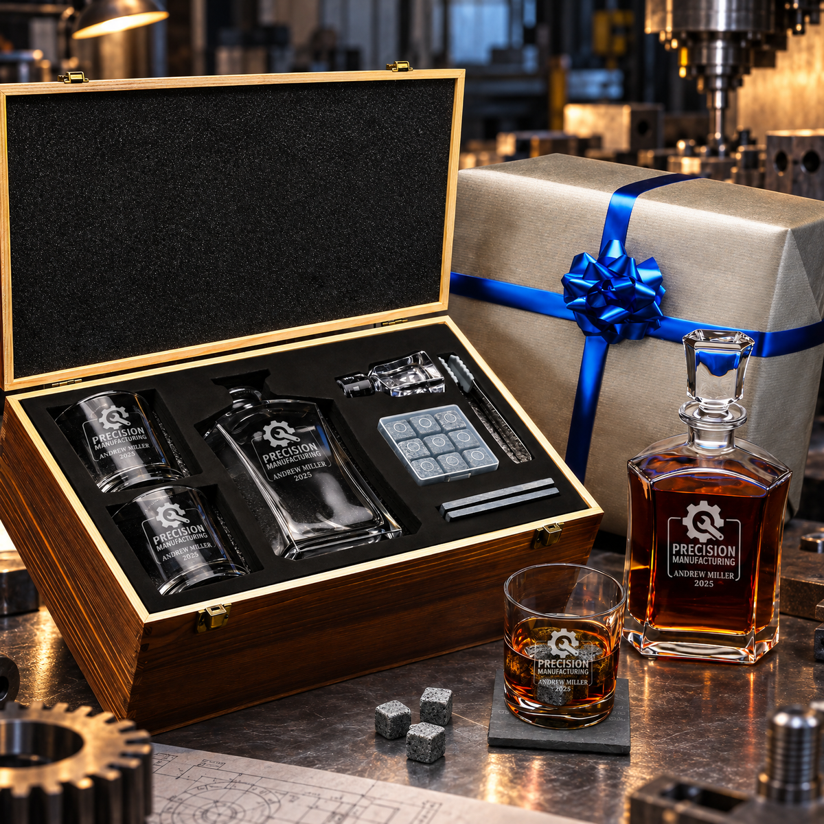Manufacturing Company Gifts – Slick Decanter Set with 2 Glasses, 9 Whiskey Stones & Wooden Box – image 04