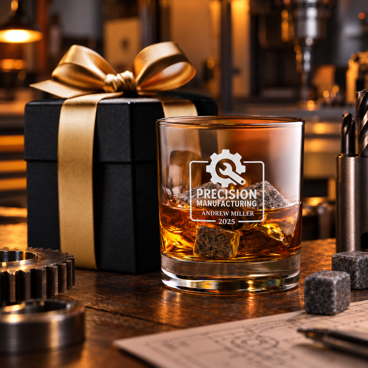 Manufacturing Company Gifts – Slick Decanter Set with 2 Glasses, 9 Whiskey Stones & Wooden Box product image