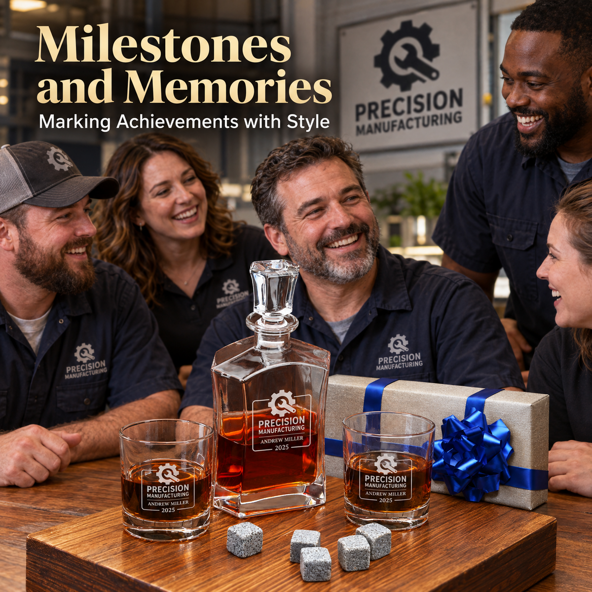 Manufacturing Company Gifts – Slick Decanter Set with 2 Glasses, 9 Whiskey Stones & Wooden Box product image