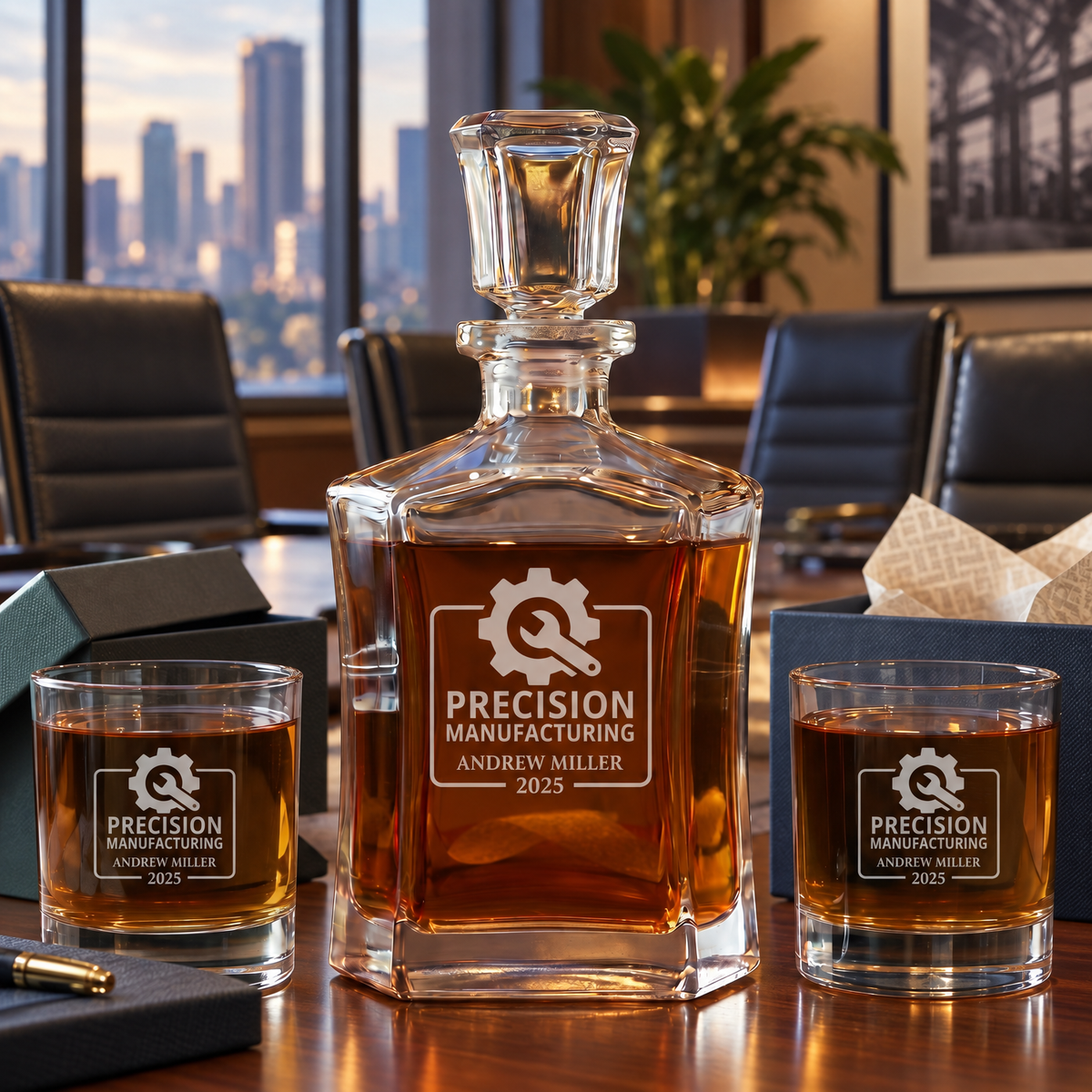 Manufacturing Company Gifts – Slick Decanter Set with 2 Glasses, 9 Whiskey Stones & Wooden Box product image