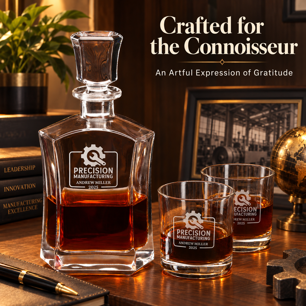 Manufacturing Company Gifts – Slick Decanter Set with 2 Glasses, 9 Whiskey Stones & Wooden Box – image 12
