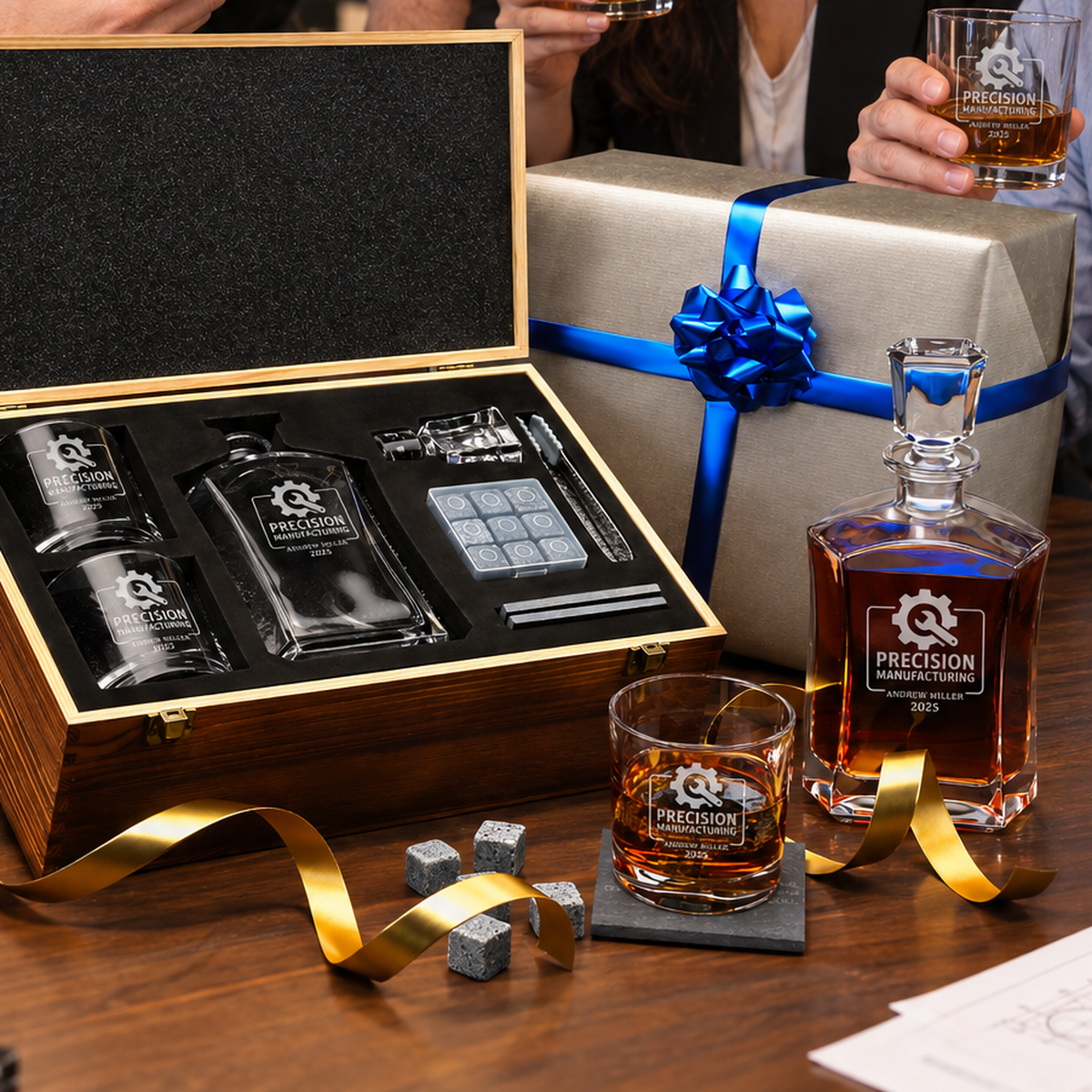 Manufacturing Company Gifts – Slick Decanter Set with 2 Glasses, 9 Whiskey Stones & Wooden Box product image
