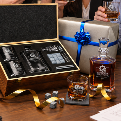 Manufacturing Company Gifts – Slick Decanter Set with 2 Glasses, 9 Whiskey Stones & Wooden Box – image 13