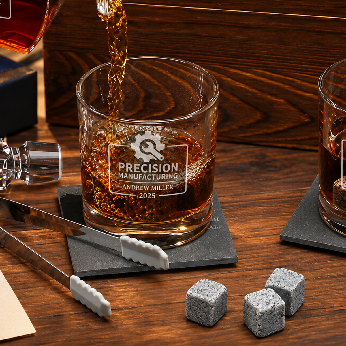 Manufacturing Company Gifts – Slick Decanter Set with 2 Glasses, 9 Whiskey Stones & Wooden Box product image
