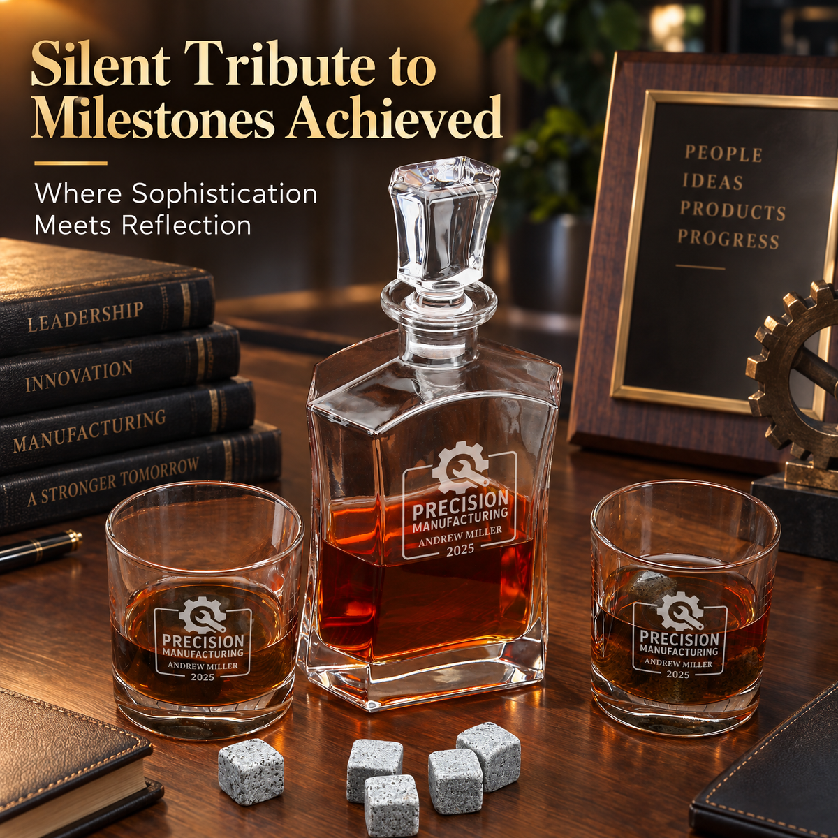 Manufacturing Company Gifts – Slick Decanter Set with 2 Glasses, 9 Whiskey Stones & Wooden Box product image