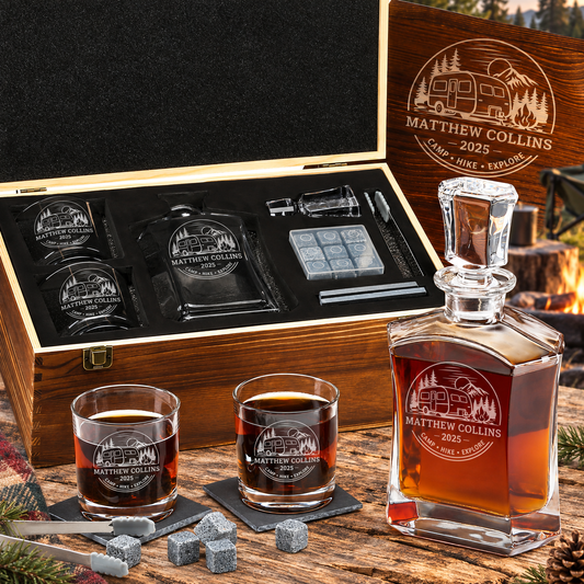 Gift for Outdoorsmen – Slick Decanter Set with 2 Glasses, 9 Whiskey Stones & Wooden Box – image 01