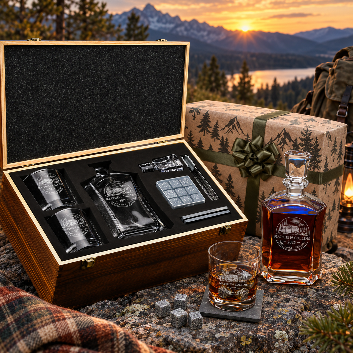 Gift for Outdoorsmen – Slick Decanter Set with 2 Glasses, 9 Whiskey Stones & Wooden Box – image 04