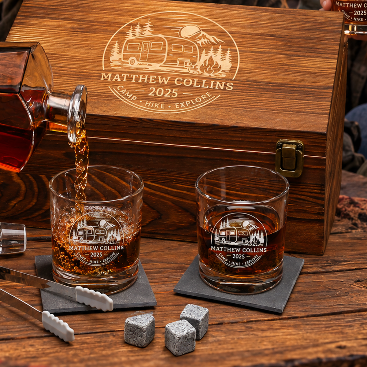Gift for Outdoorsmen – Slick Decanter Set with 2 Glasses, 9 Whiskey Stones & Wooden Box product image