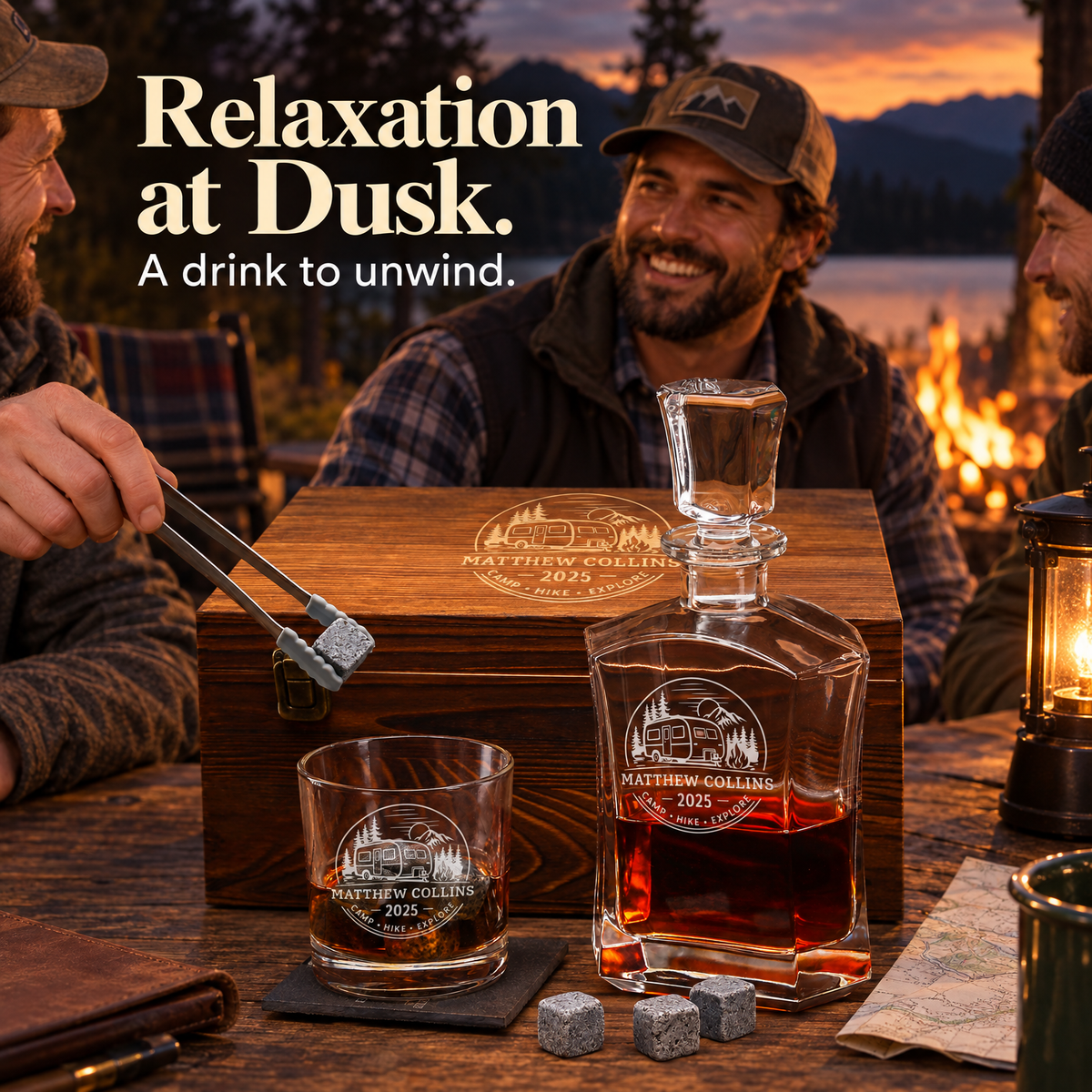 Gift for Outdoorsmen – Slick Decanter Set with 2 Glasses, 9 Whiskey Stones & Wooden Box – image 07