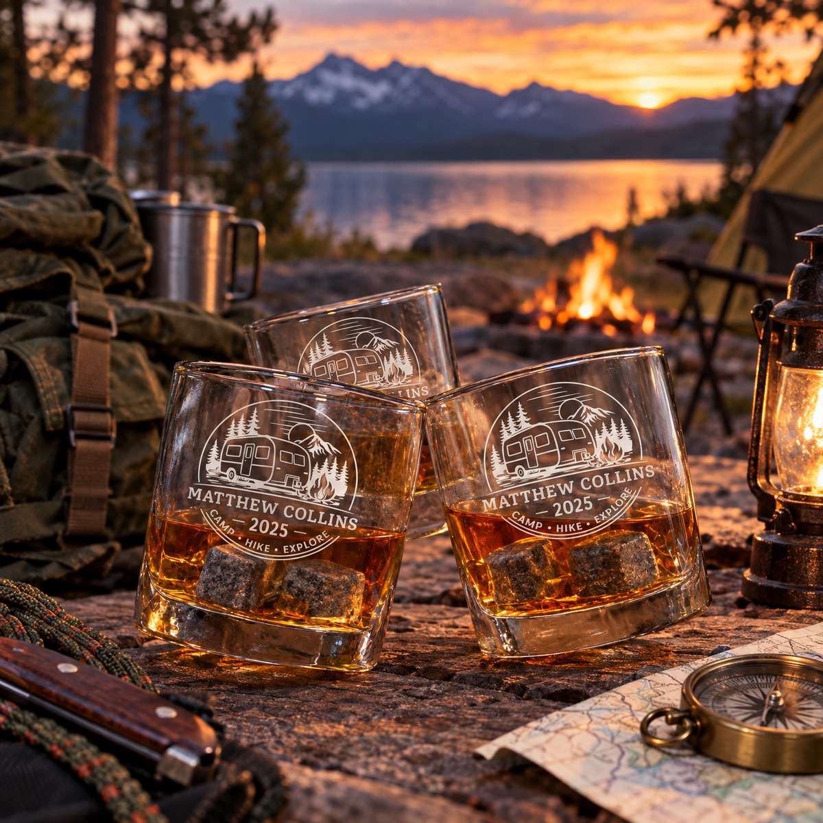 Gift for Outdoorsmen – Slick Decanter Set with 2 Glasses, 9 Whiskey Stones & Wooden Box product image