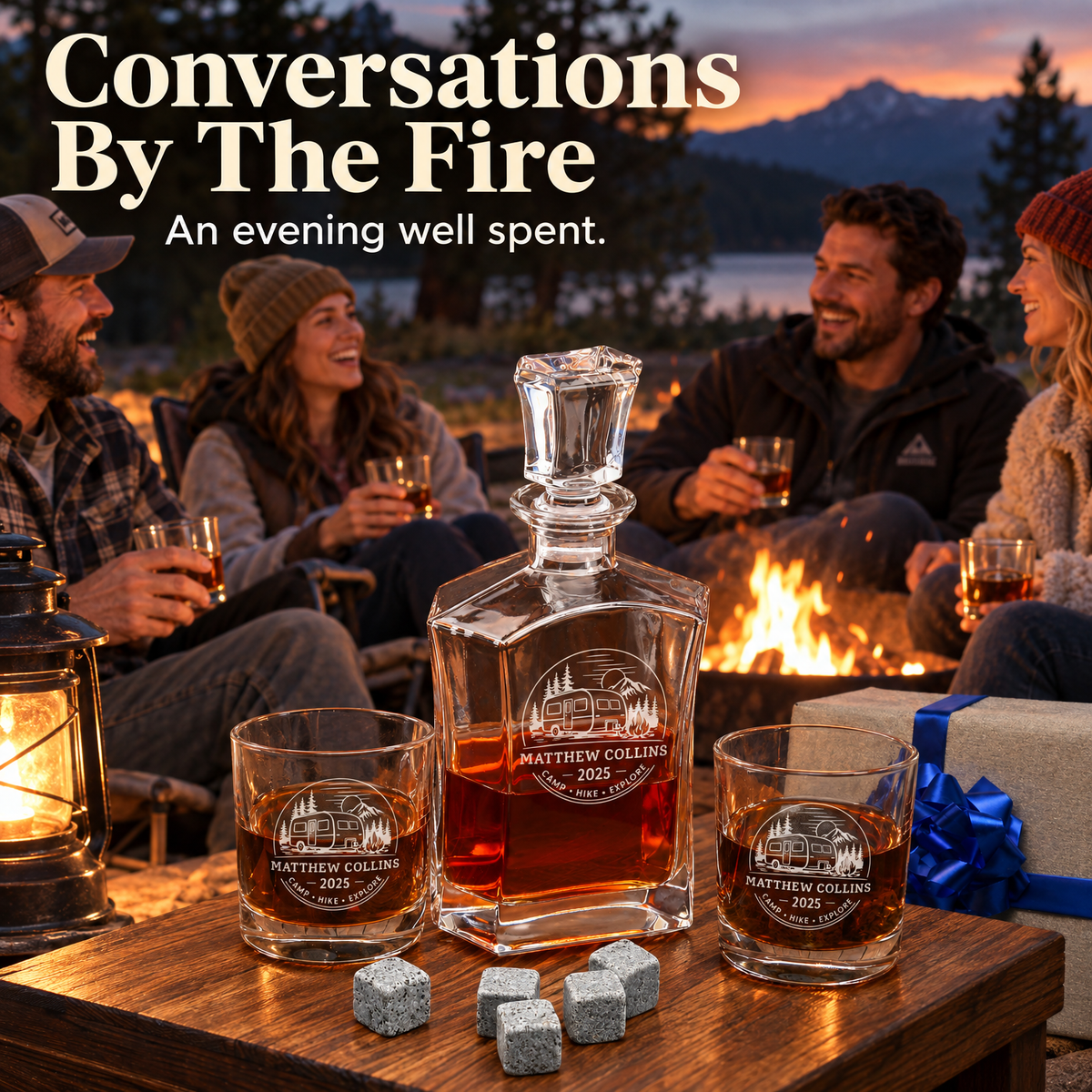 Gift for Outdoorsmen – Slick Decanter Set with 2 Glasses, 9 Whiskey Stones & Wooden Box – image 09