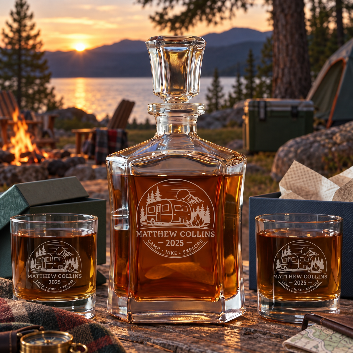 Gift for Outdoorsmen – Slick Decanter Set with 2 Glasses, 9 Whiskey Stones & Wooden Box – image 10