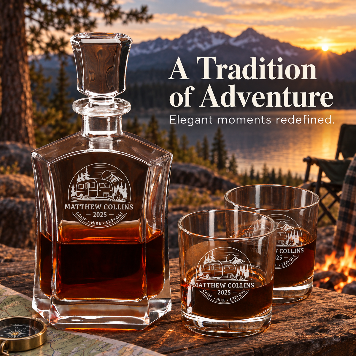 Gift for Outdoorsmen – Slick Decanter Set with 2 Glasses, 9 Whiskey Stones & Wooden Box – image 12