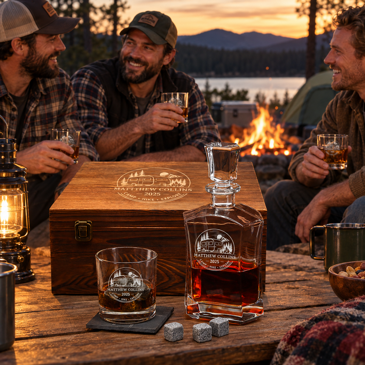 Gift for Outdoorsmen – Slick Decanter Set with 2 Glasses, 9 Whiskey Stones & Wooden Box – image 15