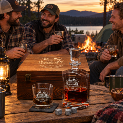 Gift for Outdoorsmen – Slick Decanter Set with 2 Glasses, 9 Whiskey Stones & Wooden Box – image 15
