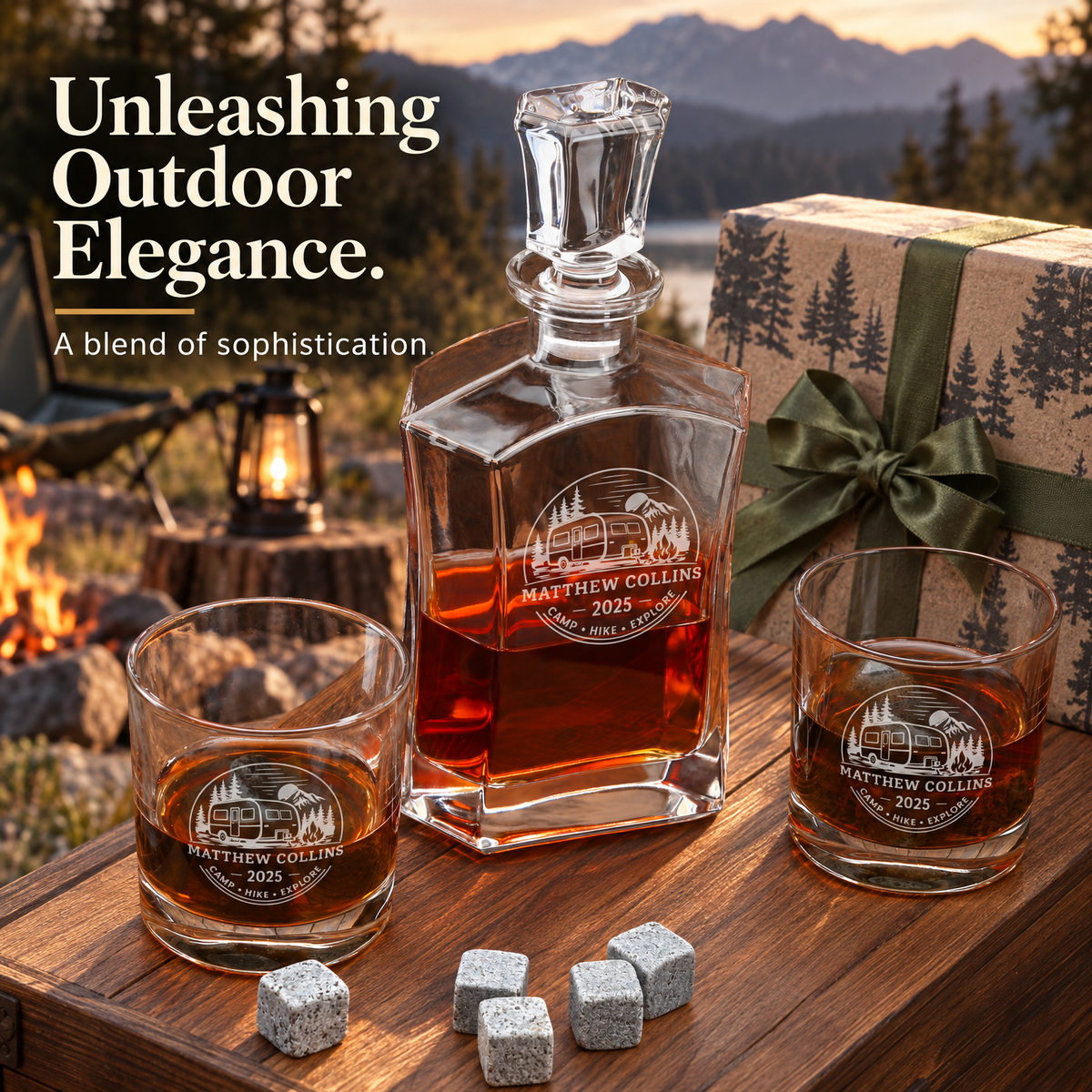Gift for Outdoorsmen – Slick Decanter Set with 2 Glasses, 9 Whiskey Stones & Wooden Box – image 16