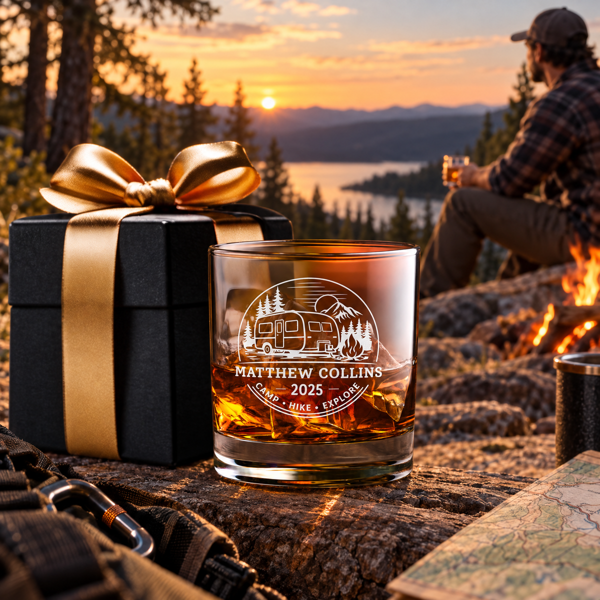 Gift for Outdoorsmen – Slick Decanter Set with 2 Glasses, 9 Whiskey Stones & Wooden Box product image