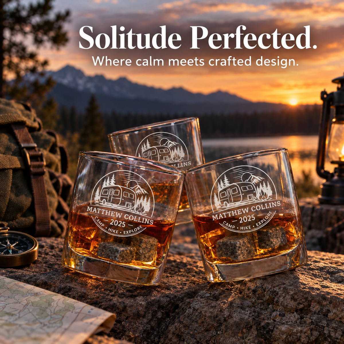 Gift for Outdoorsmen – Slick Decanter Set with 2 Glasses, 9 Whiskey Stones & Wooden Box – image 20