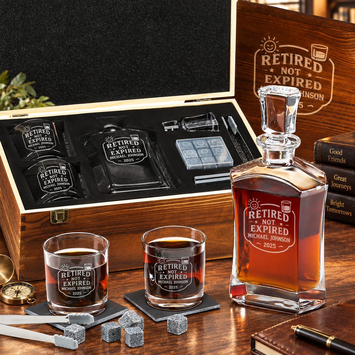 Retirement Gift – Slick Decanter Set with 2 Glasses, 9 Whiskey Stones & Wooden Box product image