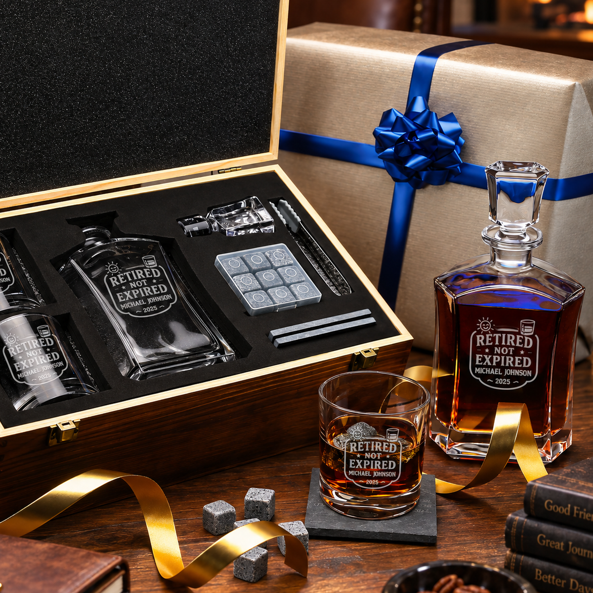 Retirement Gift – Slick Decanter Set with 2 Glasses, 9 Whiskey Stones & Wooden Box product image