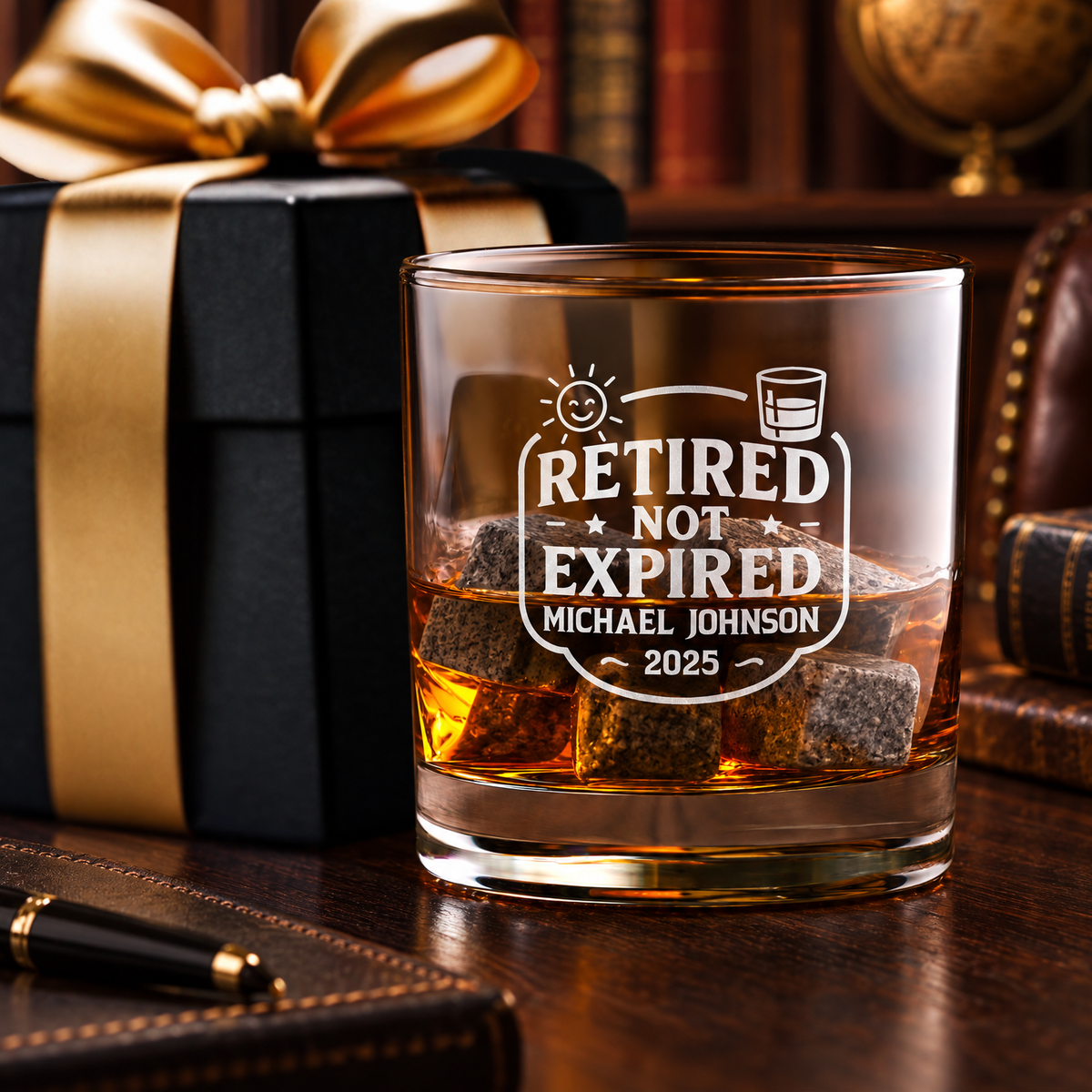 Retirement Gift – Slick Decanter Set with 2 Glasses, 9 Whiskey Stones & Wooden Box – image 06