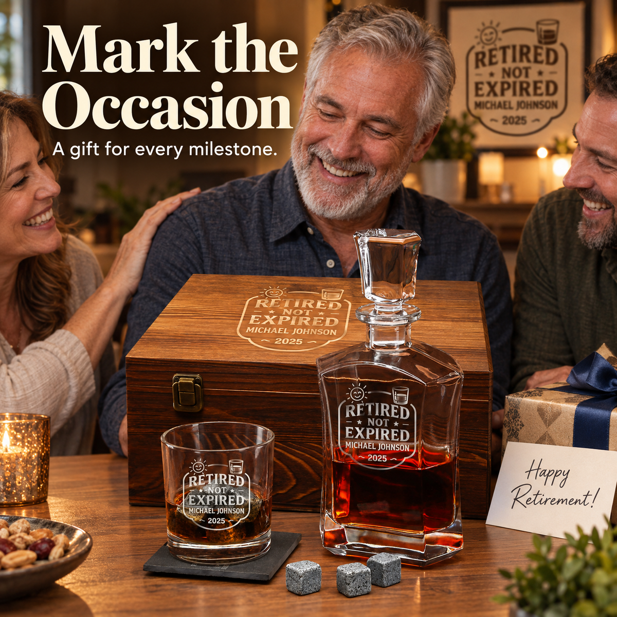 Retirement Gift – Slick Decanter Set with 2 Glasses, 9 Whiskey Stones & Wooden Box – image 07