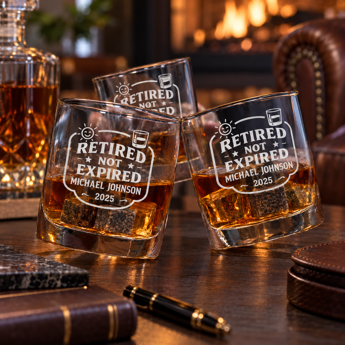 Retirement Gift – Slick Decanter Set with 2 Glasses, 9 Whiskey Stones & Wooden Box – image 08