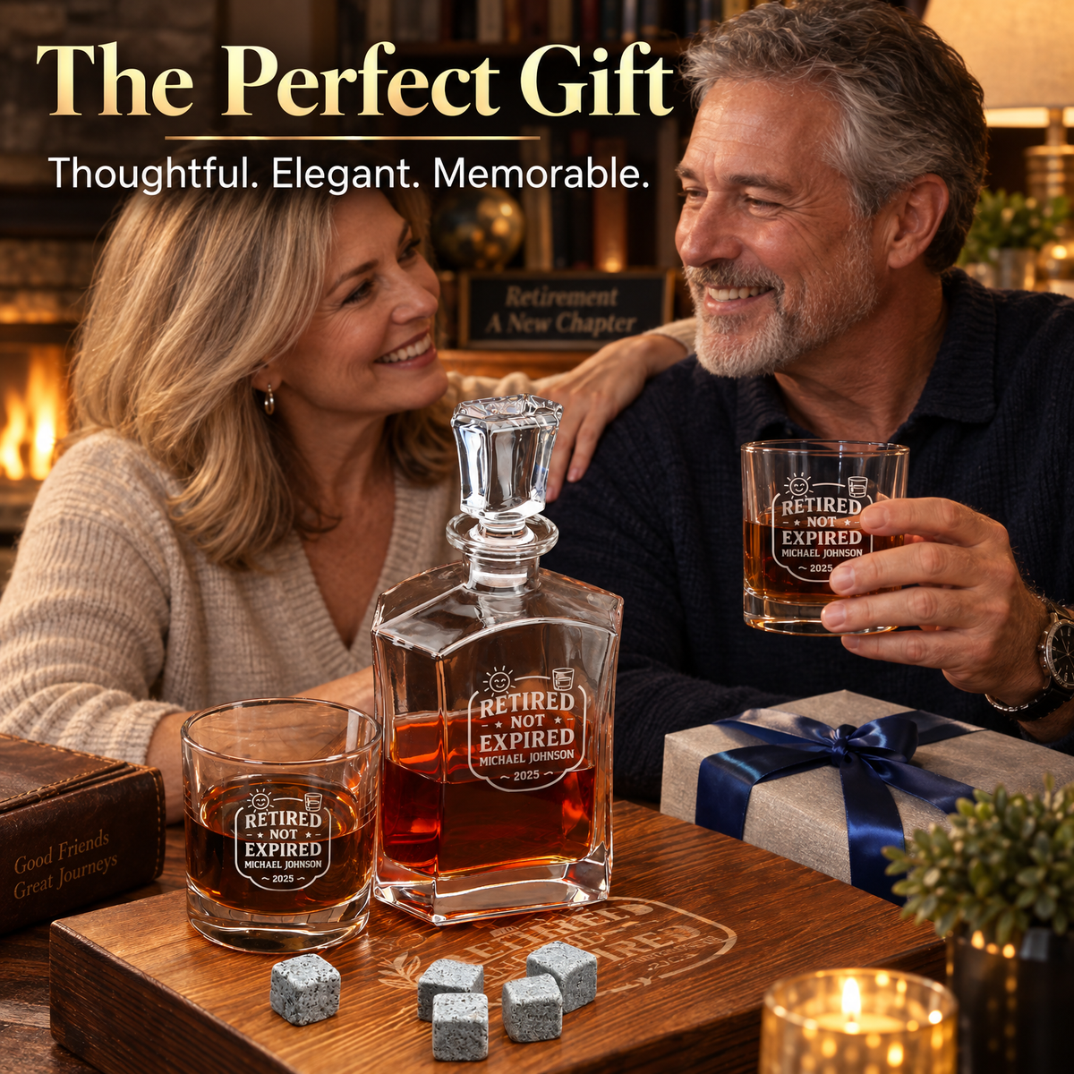 Retirement Gift – Slick Decanter Set with 2 Glasses, 9 Whiskey Stones & Wooden Box – image 09