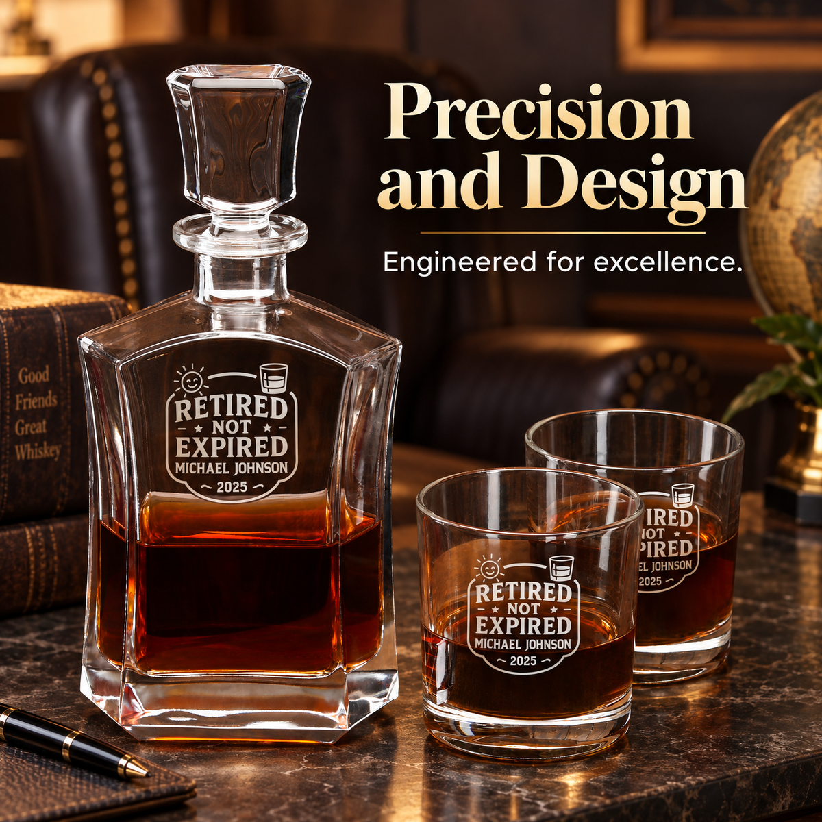 Retirement Gift – Slick Decanter Set with 2 Glasses, 9 Whiskey Stones & Wooden Box product image