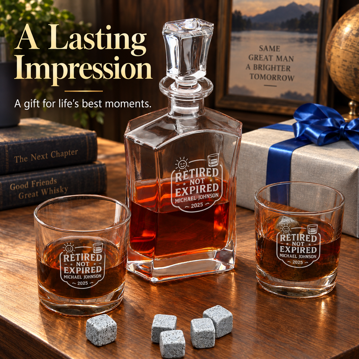 Retirement Gift – Slick Decanter Set with 2 Glasses, 9 Whiskey Stones & Wooden Box – image 16