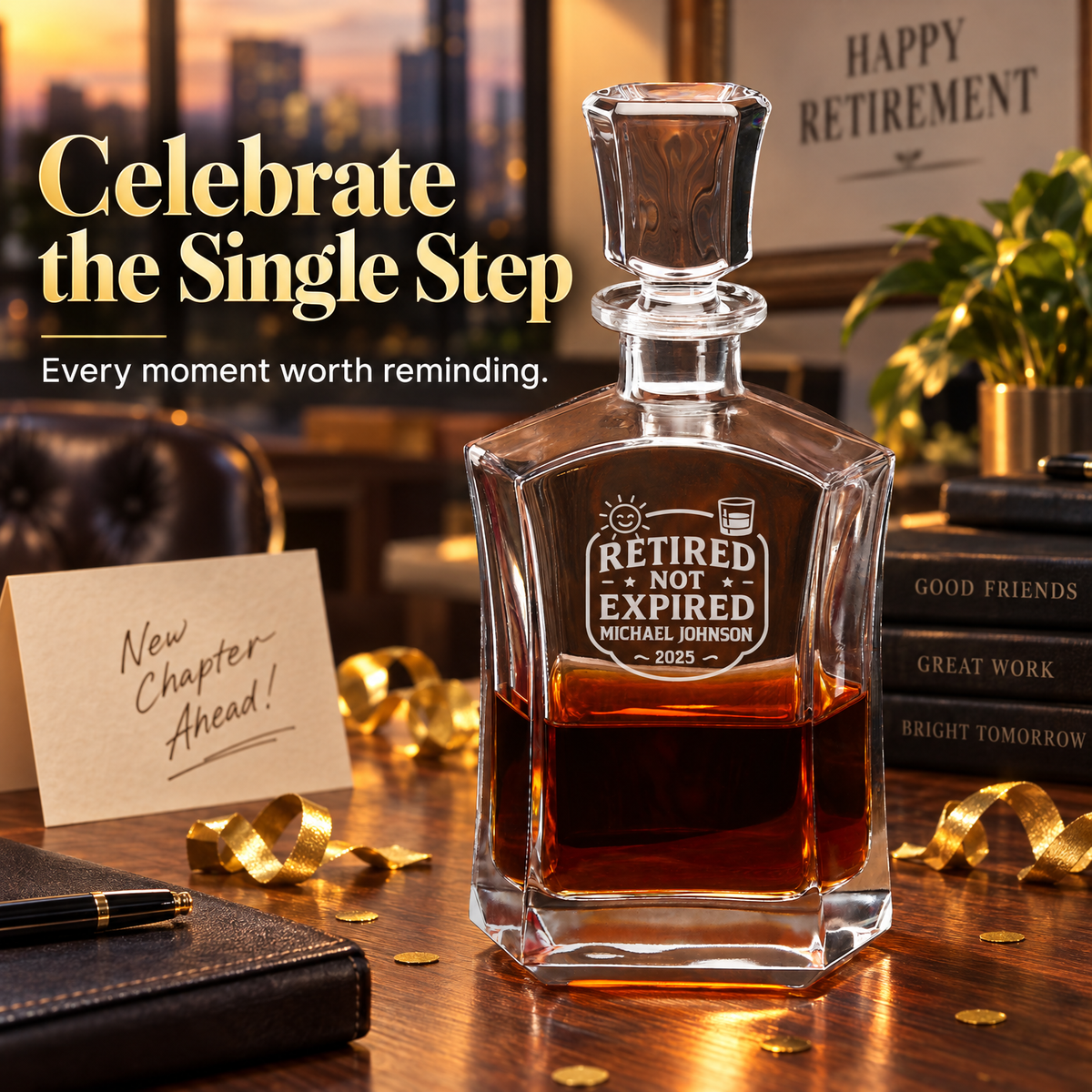 Retirement Gift – Slick Decanter Set with 2 Glasses, 9 Whiskey Stones & Wooden Box product image
