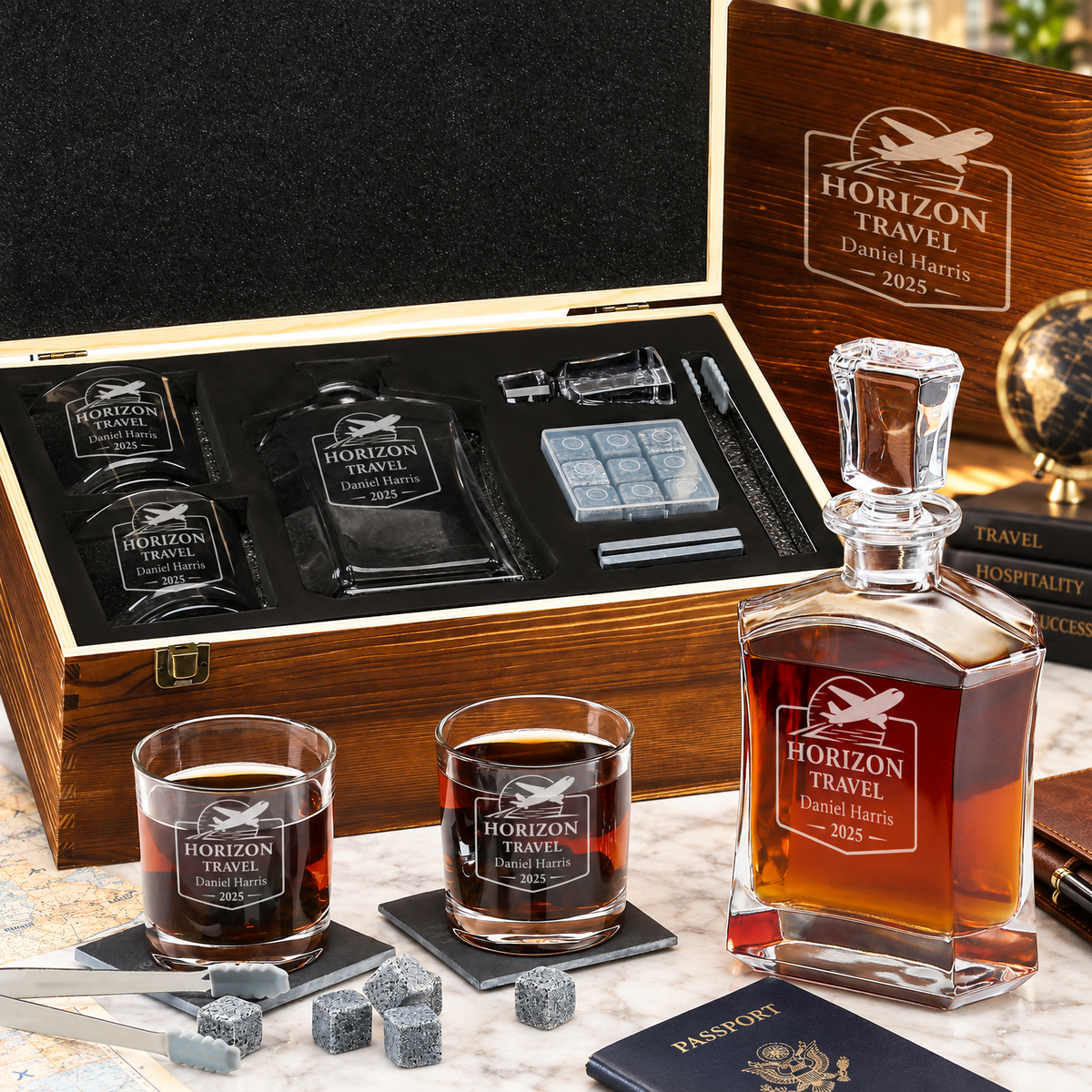 Travel & Hospitality Company Gifts – Slick Decanter Set with 2 Glasses, 9 Whiskey Stones & Wooden Box – image 01