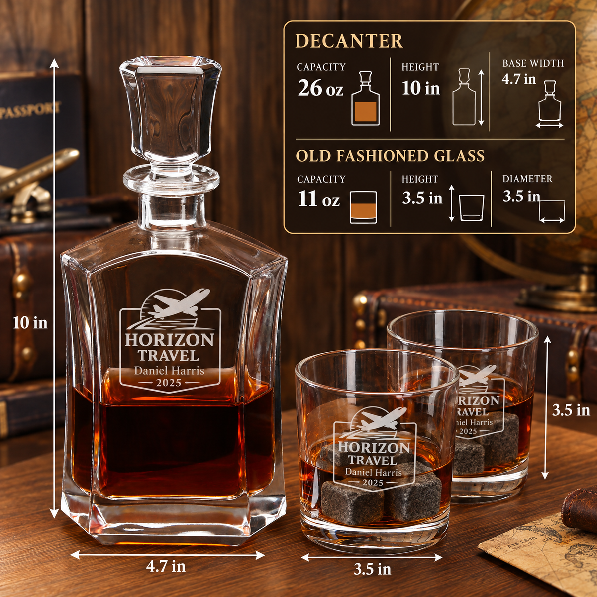 Travel & Hospitality Company Gifts – Slick Decanter Set with 2 Glasses, 9 Whiskey Stones & Wooden Box – image 02