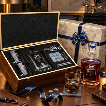 Travel & Hospitality Company Gifts – Slick Decanter Set with 2 Glasses, 9 Whiskey Stones & Wooden Box – image 04