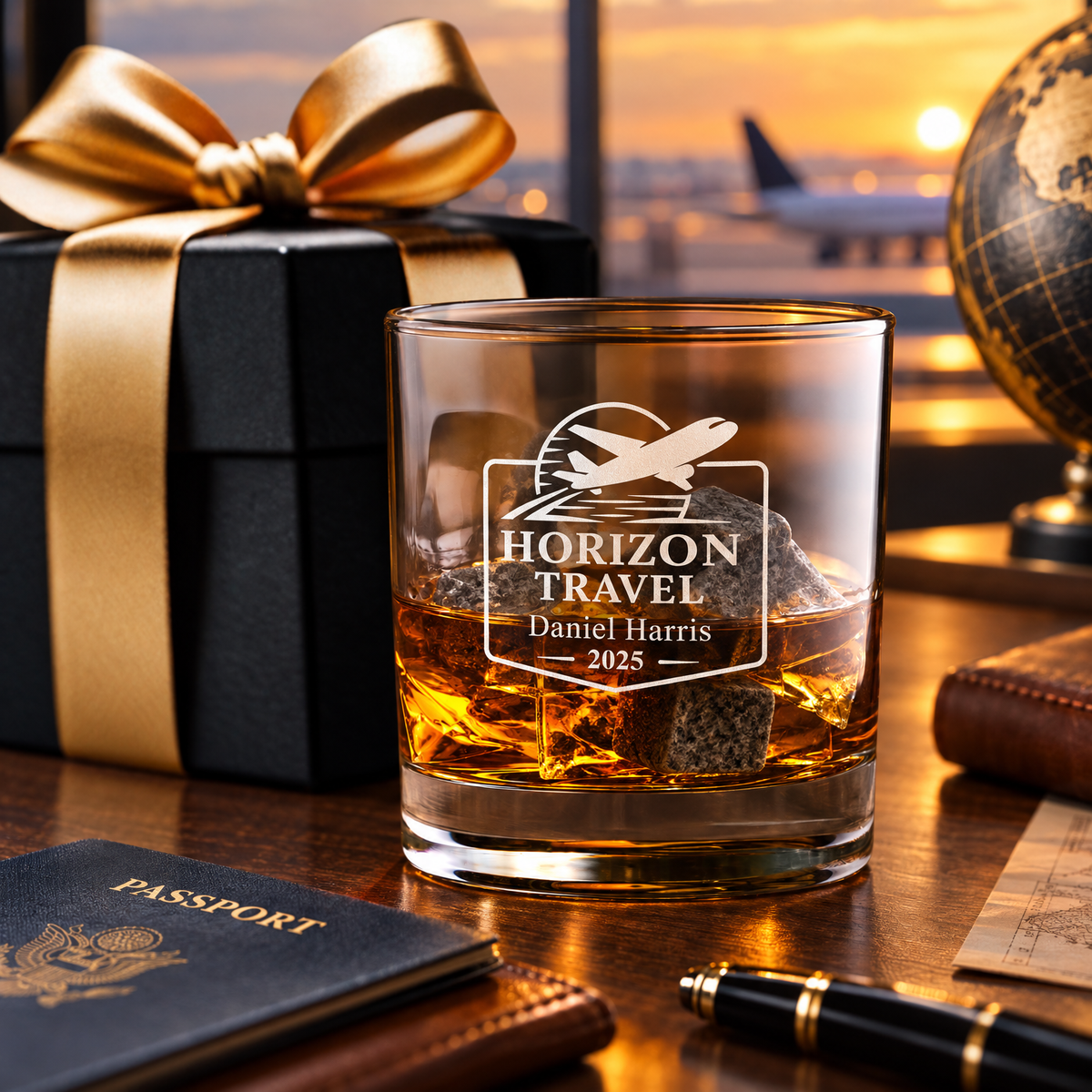 Travel & Hospitality Company Gifts – Slick Decanter Set with 2 Glasses, 9 Whiskey Stones & Wooden Box product image