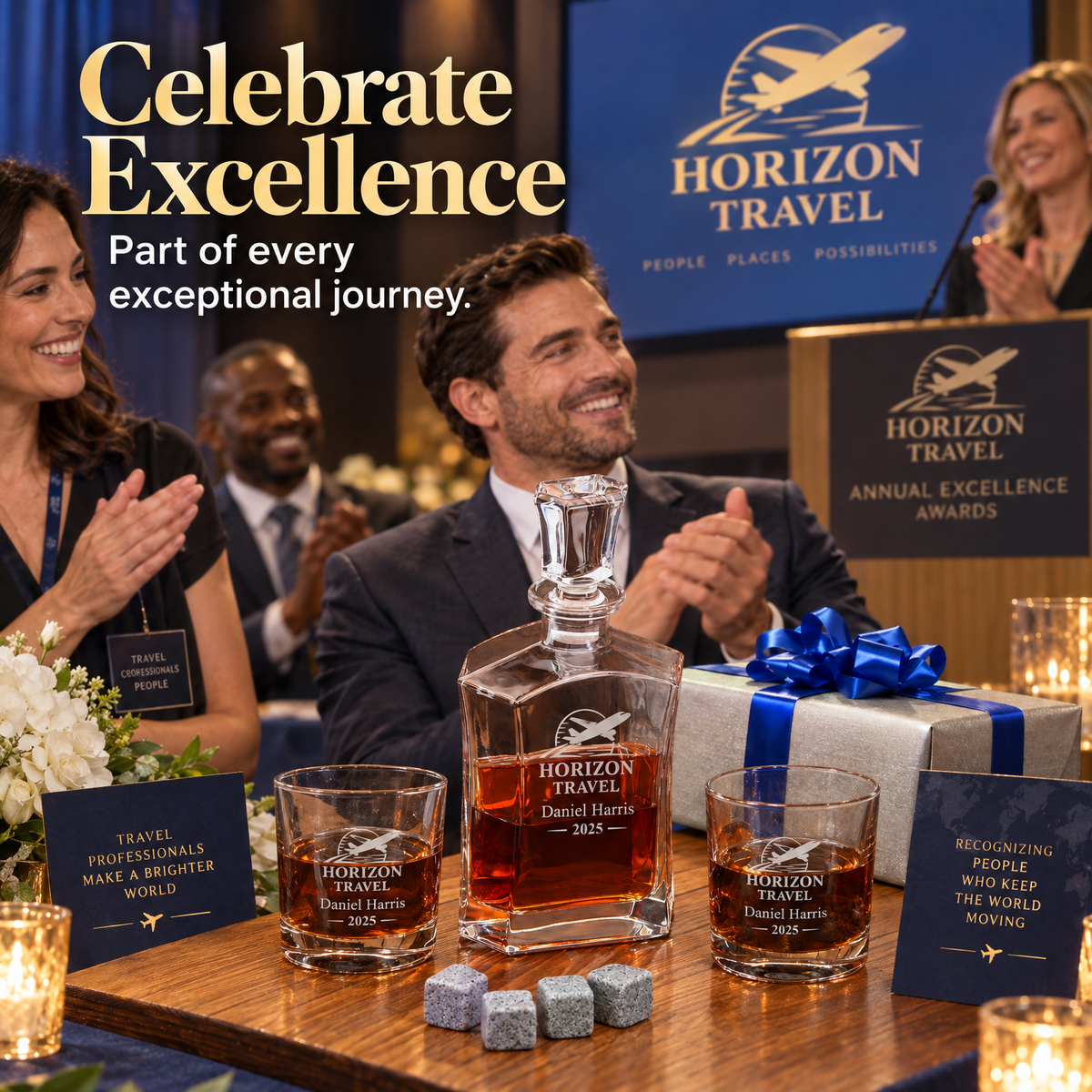 Travel & Hospitality Company Gifts – Slick Decanter Set with 2 Glasses, 9 Whiskey Stones & Wooden Box product image