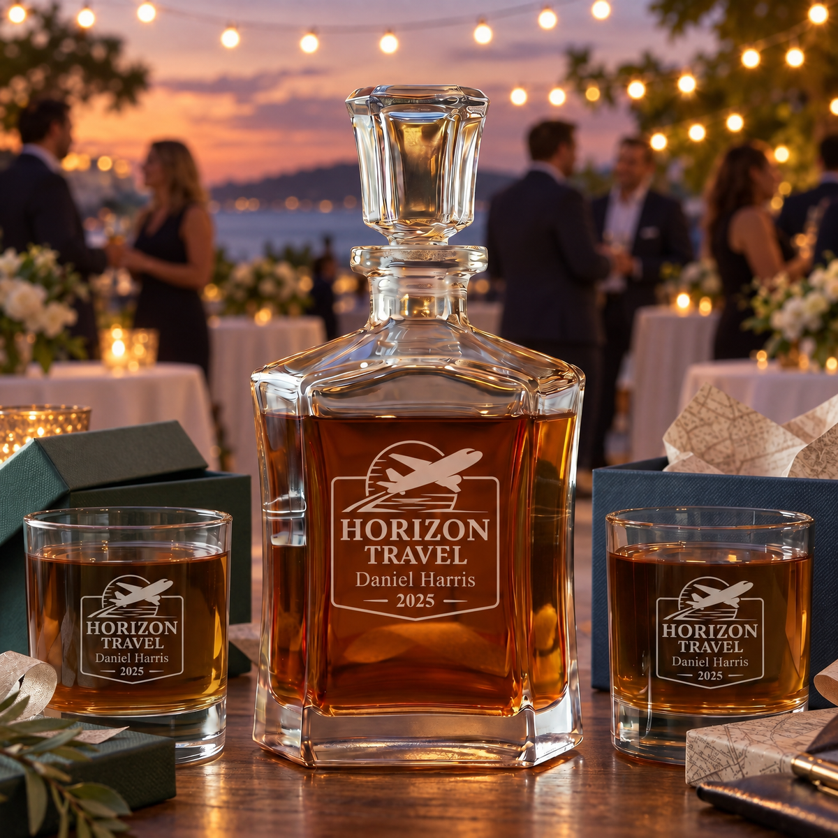 Travel & Hospitality Company Gifts – Slick Decanter Set with 2 Glasses, 9 Whiskey Stones & Wooden Box product image