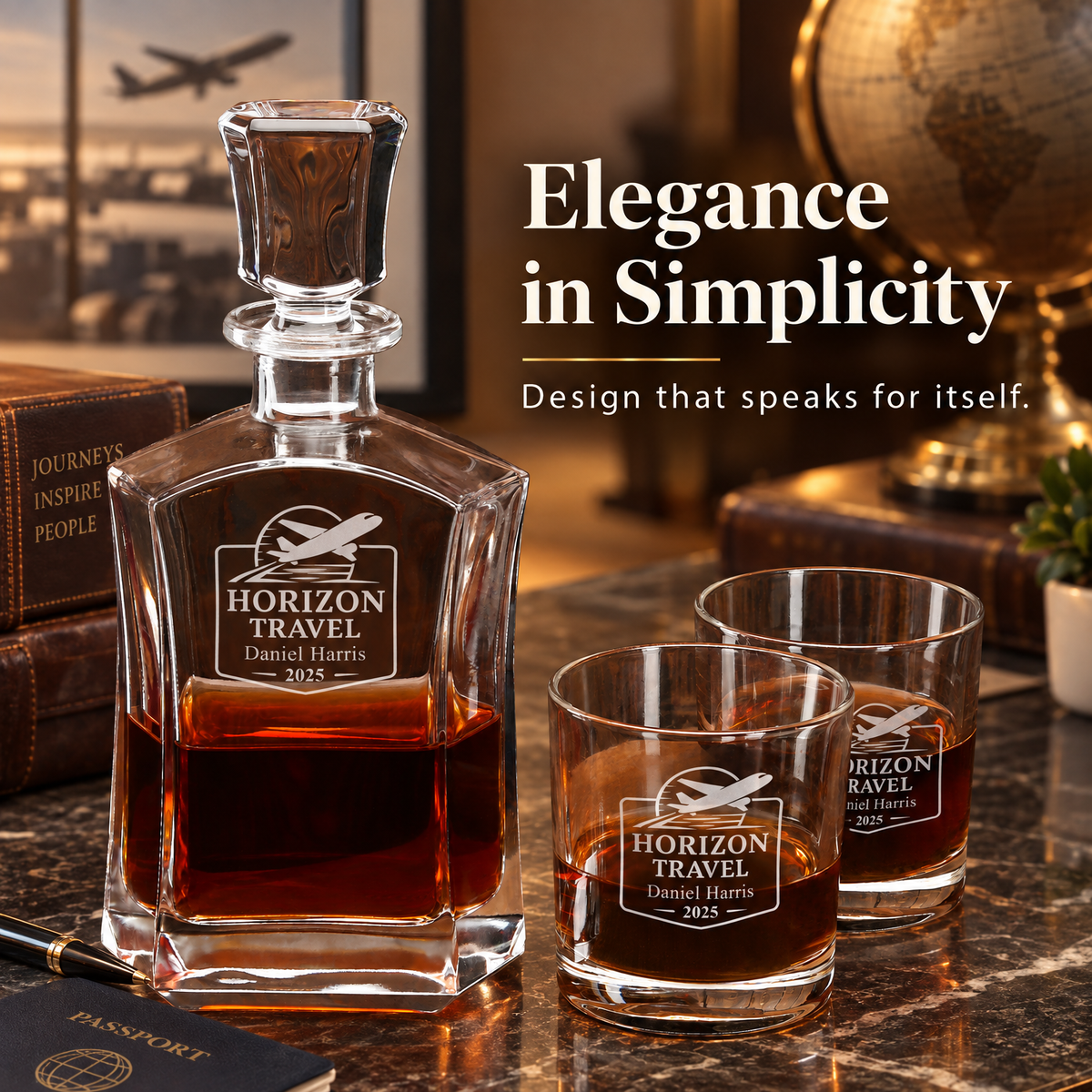 Travel & Hospitality Company Gifts – Slick Decanter Set with 2 Glasses, 9 Whiskey Stones & Wooden Box – image 12